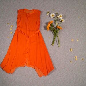 Asymmetrical Orange Dress with Matching Tie Belt – Size M